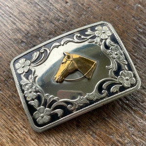 Vintage buckle Horse with Horse head Western themed chrome and brass colored enameled nickel silver belt buckle