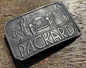 Vintage buckle Packard Automobile advertising pewter colored belt buckle