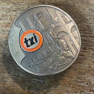 Vintage TXI Construction Contractor Advertising pewter colored belt buckle