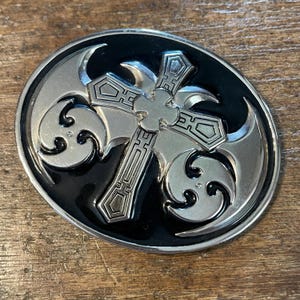 Vintage buckle Iron Gothic Cross curved tribal design Large silver chrome colored Belt Buckle