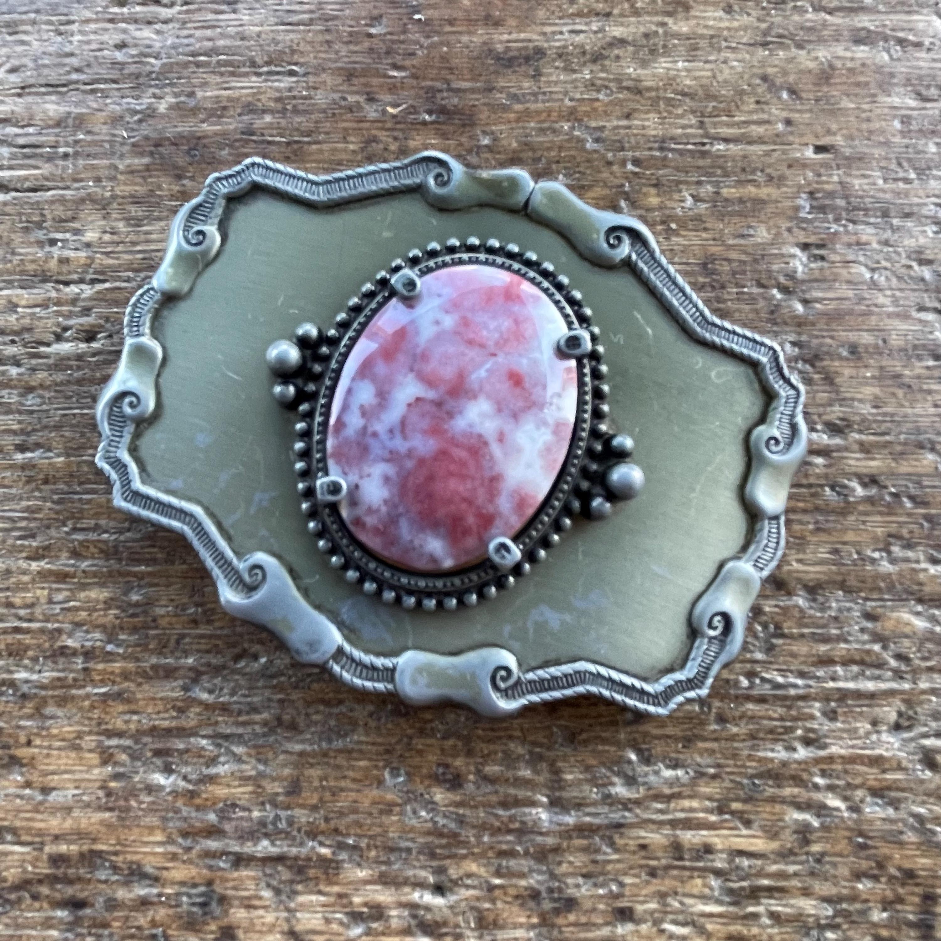 Vintage reddish pinkish agate stone cabochon pewter colored belt buckle
