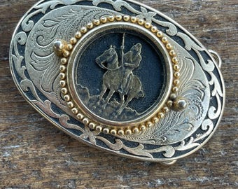 Vintage Native American riding horse silhouette gold colored with black enamel Belt Buckle