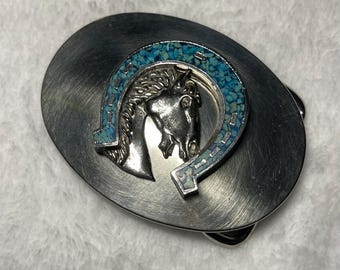 Crushed Turquoise Inlay Horseshoe Vintage Belt Buckle - Etsy display picture 3