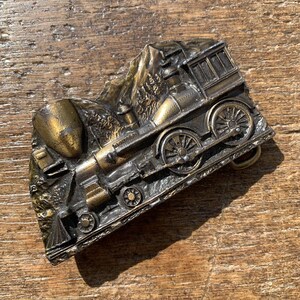 Vintage Railroad Steam Train figural brass colored belt buckle