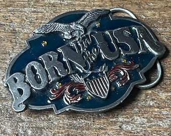 Vintage Eagle and Shield Born in the USA Patriotic themed pewter colored enameled belt buckle 1986 Siskiyou