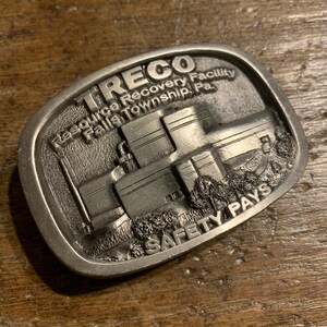 Vintage buckle Trego Falls Township Pennsylvania Industrial Safety advertising pewter colored belt buckle