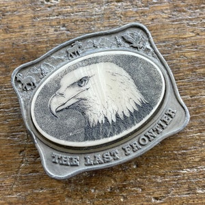 Vintage etched Eagle Head insert cabochon pewter colored The Last Frontier Wilderness Themed belt buckle Kiana 1984