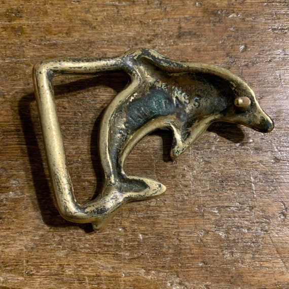 Vintage dolphin figural design brass belt buckle - image 3