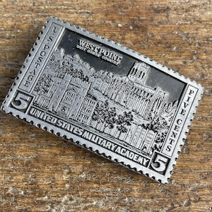 Vintage buckle West Point United States military Academy Army Postal Stamp raised design pewter colored belt buckle