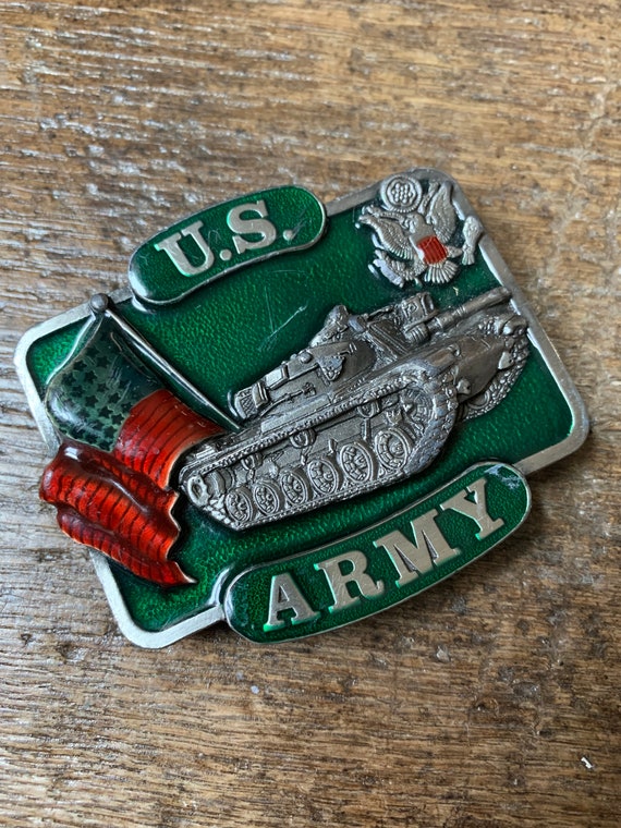 US Army Flag and Tank figural Belt Buckle Pewter e