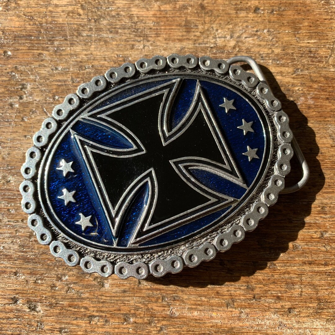 Chain and Iron Cross Design With Blue Enamel Star Background Etsy