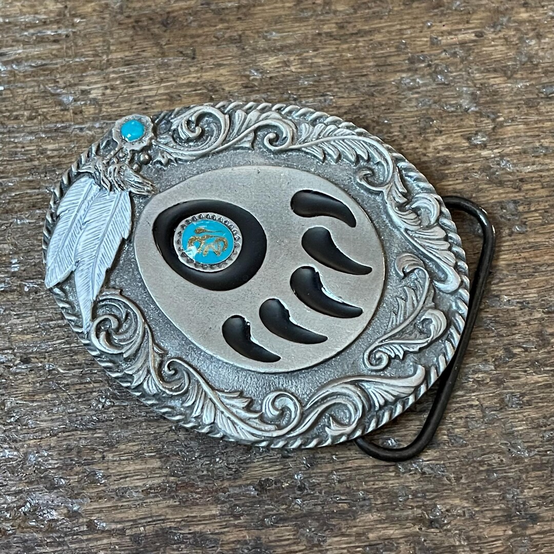 Vintage Native American Bear Paw Claw Belt Buckle With Inset Stone