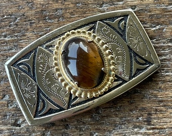 Vintage tiger eye stone cabochon gold colored with black enameling belt buckle