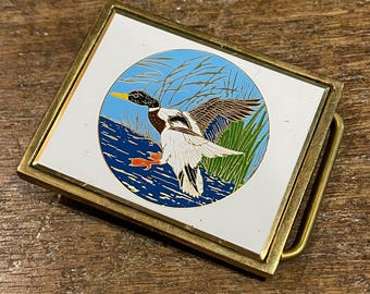 Vintage buckle Flying Duck Marsh Scenic Hunting themed Enameled Brass belt buckle