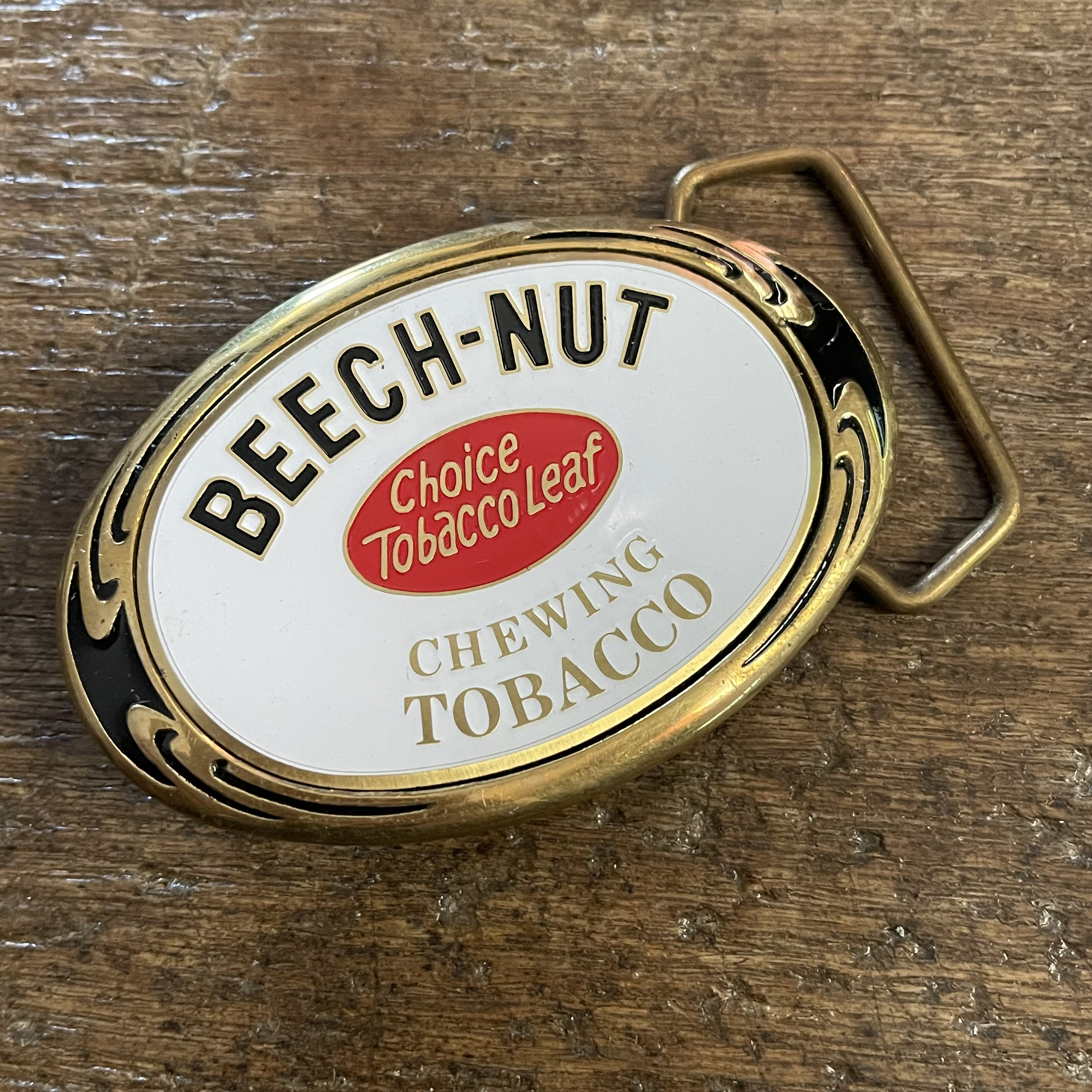 Vintage Beech-nut Chewing Tobacco Advertising Red, Black, and White Inlaid  Enameled Solid Brass Base Belt Buckle