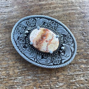 Vintage agate rock design cabochon pewter and black colored floral and vines western style belt buckle