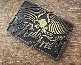 Vintage flying Eagle motorcycle Ride Free brass colored belt buckle