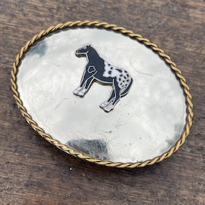 Vintage Western Style back and white Horse Equestrian reflective face gold colored rope border nickel silver enameled belt buckle