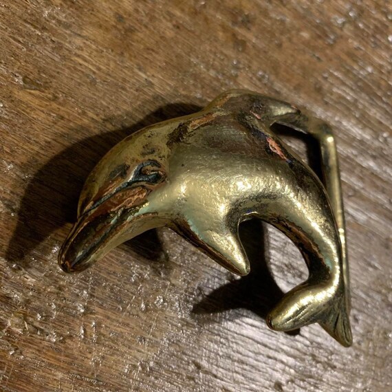 Vintage dolphin figural design brass belt buckle - image 2