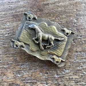 Vintage Running Horses figural design brass colored belt buckle