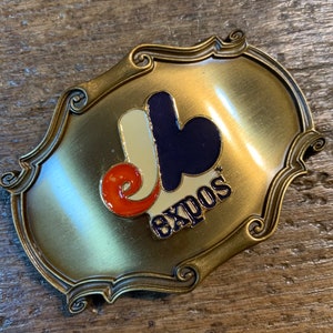 Vintage buckle Montreal Expos Major League Baseball MLB enameled brass colored belt buckle