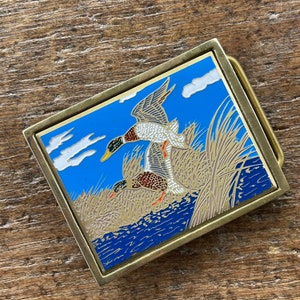 Vintage Flying Ducks Marsh Scenic Hunting themed Enameled Brass belt buckle