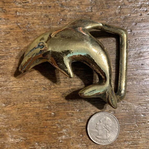 Vintage dolphin figural design brass belt buckle - image 4