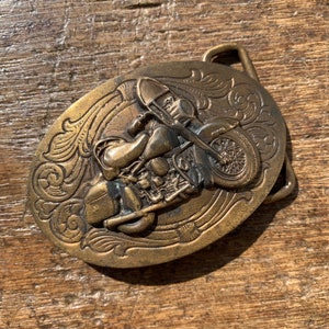 Vintage belt buckle Figural Fat Boy Harley Davidson shaped Motorcycle brass colored metal belt buckle