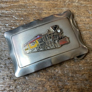 Vintage RR Railroad Steam engine locomotive design pewter colored enameled belt buckle