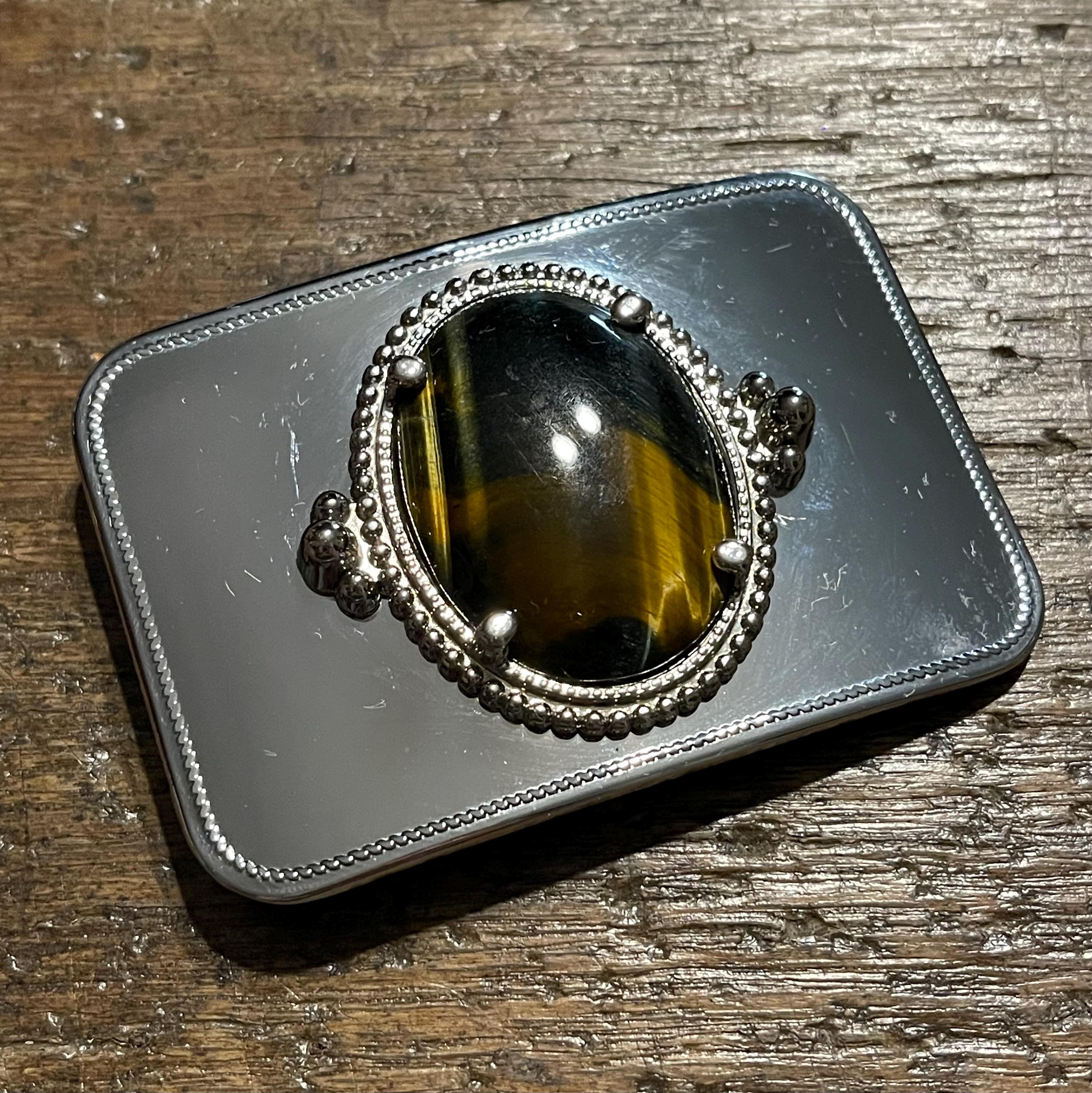 Vintage Belt Buckle Tiger Eye Stone Cabochon Silver Colored  display picture 2