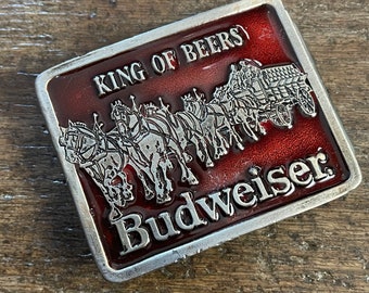 Vintage Budweiser King of Beers Clydesdales red colored enamel inlay pewter colored belt buckle