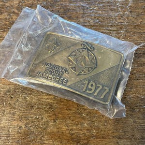 Vintage Boy Scouts of America BSA 1977 national scout jamboree brass colored Belt Buckle new in original packaging