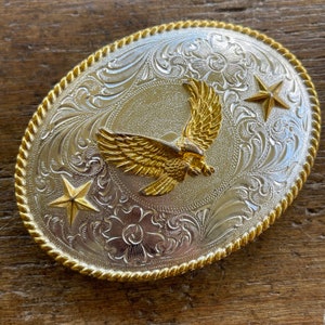 Vintage belt buckle Nocona Flying Eagle and Stars Silver and gold colored Belt Buckle