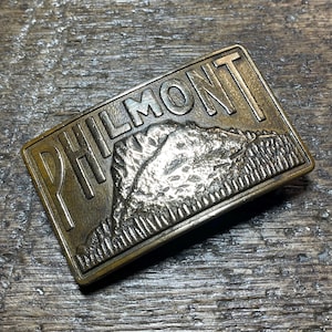 Philmont raised Mountain design New Mexico brass colored belt buckle