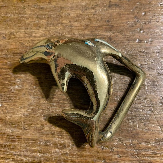 Vintage dolphin figural design brass belt buckle - image 1