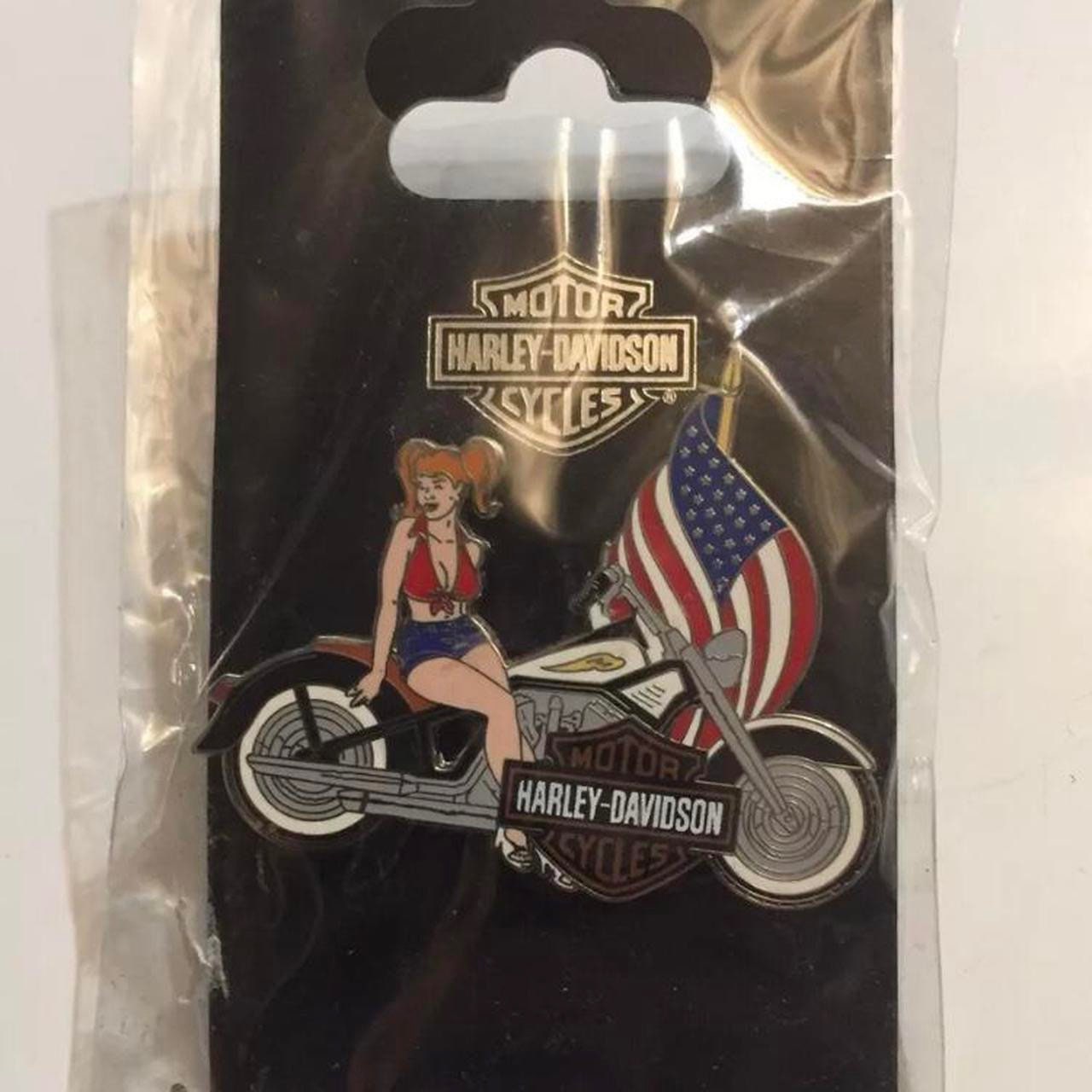 Harley Davidson Motorcycle Enamel Collectible Pin American Flag Ponytail  Girl 