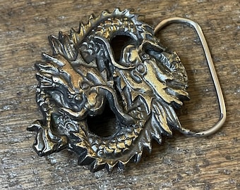 Vintage Fantasy Asian Dragons figural raised design gold colored belt buckle Limited Edition 1978