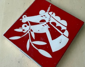 Vintage Antique oversized Unicorns Red and White art deco style design enameled compact Large Square Compact with puff and screen