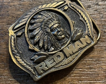 Vintage Red Man Chewing Tobacco Advertising Native American portrait limited edition Brass colored belt buckle 1989