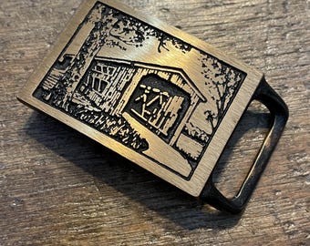 Vintage belt buckle Tech Ether Guild  Covered Langley Bridge solid brass belt buckle 1975