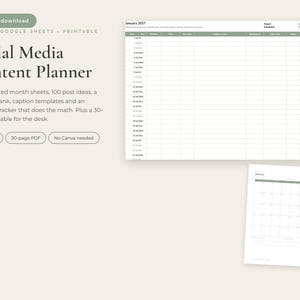 Social-Media-Content-Planer, 12-Monats-Content-Kalender (Excel/Google Sheets), 100 Post-Ideen, Hashtag-Datenbank, Analyse-Tracker, PDF, 10 Farben