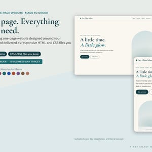 May include: A custom one-page website design service featuring responsive HTML and CSS files. The display shows a desktop and mobile layout for Sea Glass Salon with cream backgrounds, dark text, and arch graphics. Includes ten color options.
