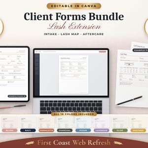 May include: A digital client forms bundle for lash extensions, featuring intake, lash map, and aftercare documents. Includes 10 color options, editable in Canva, and fillable PDF formats. Text includes Client Forms Bundle, Lash Extension, and All 10 Colors Included.