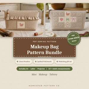 Pode incluir: Um molde de costura em PDF para uma nécessaire com dois designs: uma bolsa de linho bege com um babado no topo e uma bolsa de patchwork acolchoada com motivos bordados incluindo um morango, um sapo, um laço e a letra M.