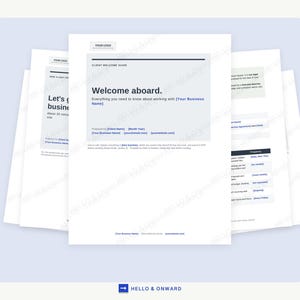 May include: A multi-page client welcome guide document template with a white background, black text, and a gray header section. The cover page features the text Welcome aboard, Everything you need to know about working with [Your Business Name].