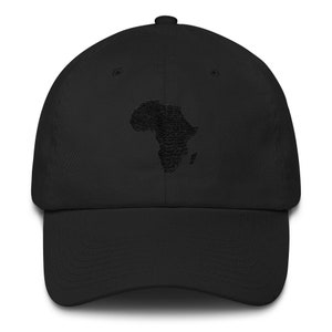 May include: A black baseball cap with an embroidered outline of the continent of Africa.
