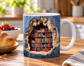 Mok in de vorm van een 3D-boekenplank - Illusie van een verborgen bibliotheek met een gebroken muur, cadeau voor boekenliefhebbers, koffiemok in de stijl van Dark Academia