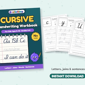 May include: A dark teal cursive handwriting workbook for kids ages 8-12, grades 3-5, featuring 70+ pages. The cover displays the title, a notepad graphic with cursive text, and a purple character. Three sample practice pages show letter tracing.