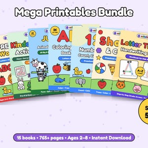 Pode incluir: Um Mega Printables Bundle com 15 cadernos de exercícios educativos para crianças de 2 a 8 anos. A coleção apresenta capas coloridas com temas como traçado de letras, números, formas e livros para colorir de animais.