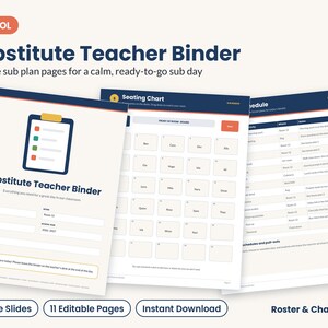 May include: A digital substitute teacher binder template featuring editable pages including a cover with a clipboard icon, a seating chart grid, and a daily schedule table. The document includes text fields for teacher name, grade, and school information.